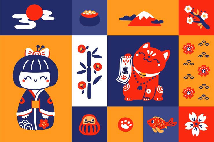 Giocattoli giapponesi Simboli tradizionali Souvenir orientali Gatto Maneki neko Pesce denaro Kokeshi e daruma Poster di cultura asiatica Fiori di Sakura e bambù Vulcano Fuji Carte vettoriali sgargianti