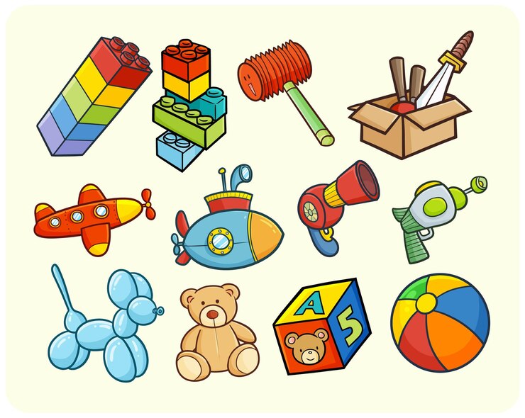 Giocattoli per bambini divertenti e colorati in semplice stile doodle