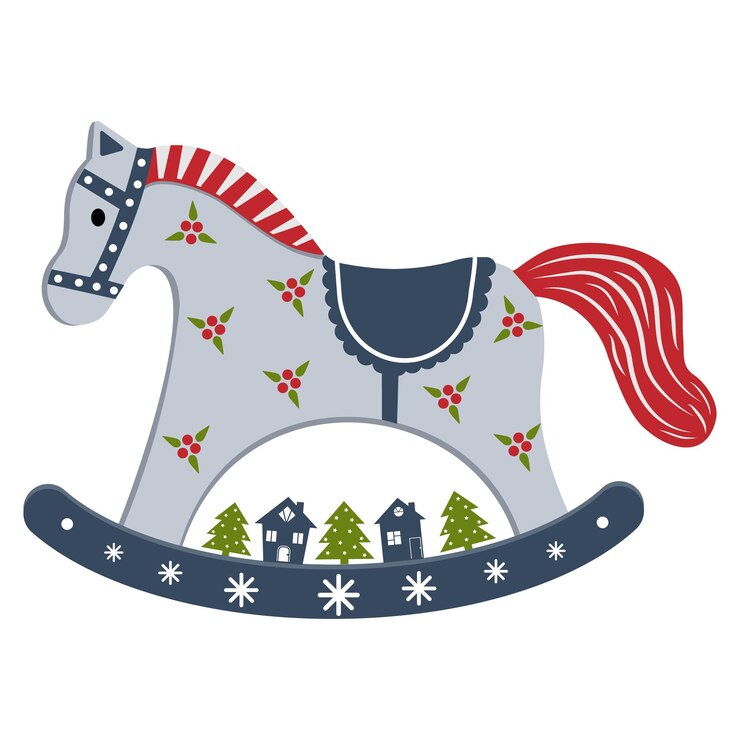 giocattolo natalizio per l'albero di Natale cavallo d'altalena in stile vintage con un simbolo del nuovo anno illustrazione vettoriale isolata su uno sfondo bianco