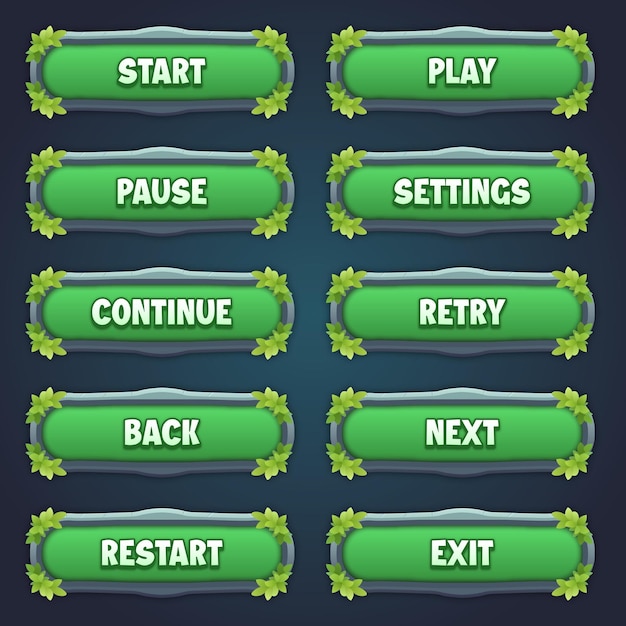 Giochi attraenti con pulsanti in pietra verde con effetti di testo modificabili in disegni di bordi di foglie unici