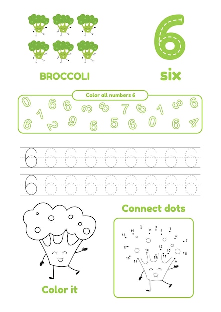 Giochi per il tempo libero per bambini in età prescolare su una pagina Unisci i punti per tracciare il colore e imparare il numero sei