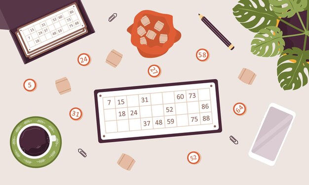 Gioco da tavolo Lotto Biglietti e botti di legno con numero Vista dall'alto Attività domestiche e hobby Illustrazione vettoriale in stile cartone animato piatto
