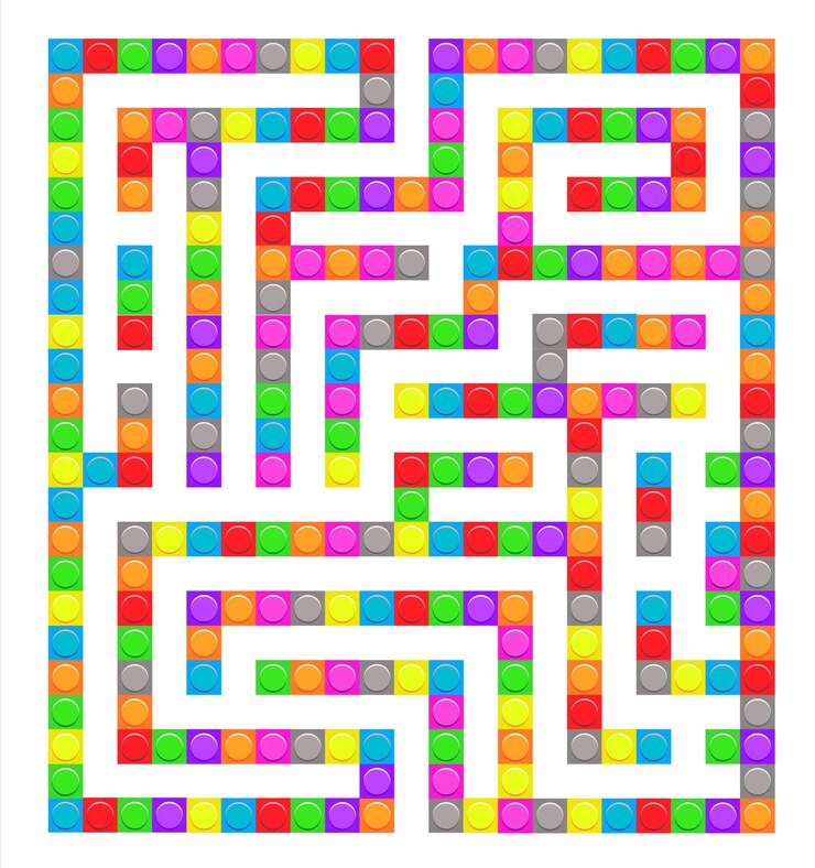 Vettore gioco del labirinto del giocattolo dei mattoni del labirinto quadrato per i bambini. enigma di logica del labirinto.