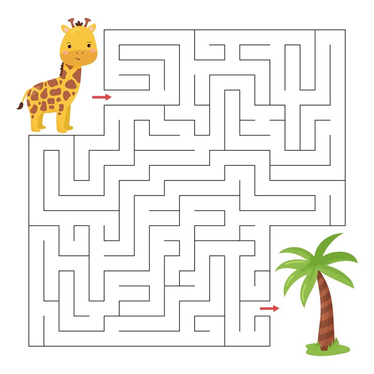 Gioco del labirinto per i bambini con la giraffa e la palma del bambino sveglio del fumetto