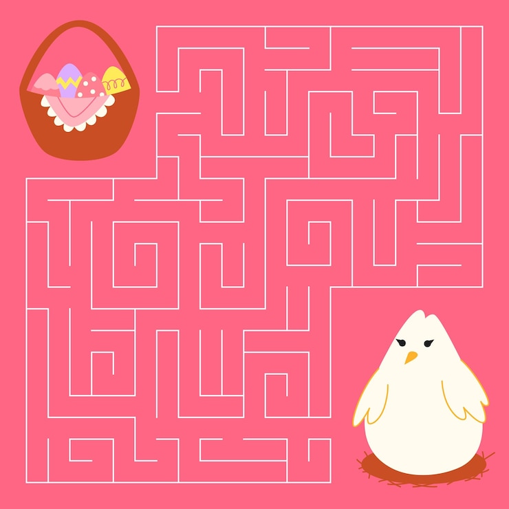 Vettore gioco del labirinto primaverile per bambini pollo carino in cerca di un modo per il cestino delle uova di pasqua buona pasqua foglio di lavoro stampabile
