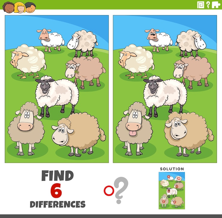 Vettore gioco delle differenze con i personaggi degli animali della fattoria delle pecore dei cartoni animati