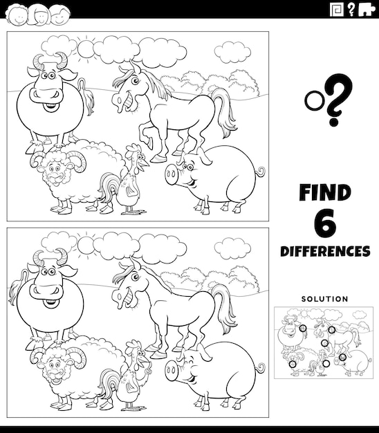 Gioco delle differenze con la pagina del libro da colorare degli animali della fattoria dei cartoni animati