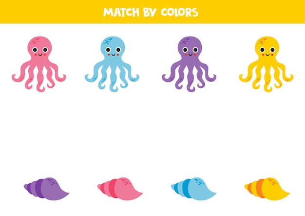 Gioco di abbinamento dei colori per bambini in età prescolare Abbinare simpatici polpi e conchiglie di mare per colori