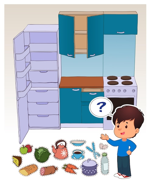 Gioco di abbinamento per bambini Posiziona un oggetto in cucina illustrazione vettoriale di cartoni animati per bambini