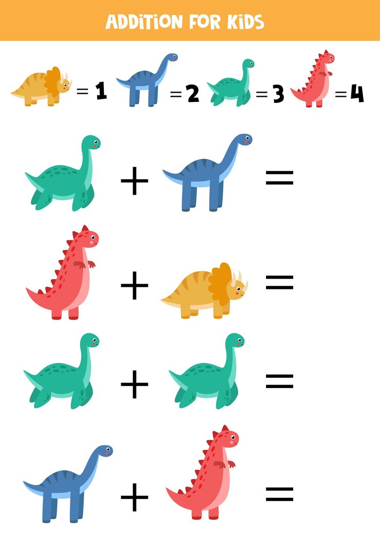 Gioco di addizione con diversi dinosauri Gioco di matematica educativo per bambini in età prescolare