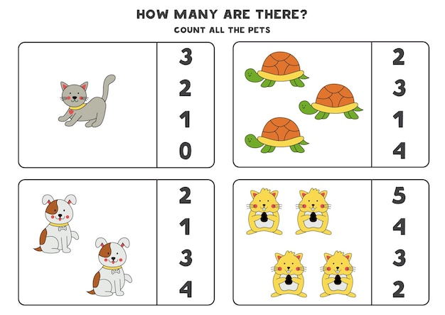 Gioco di conteggio con simpatici animali domestici disegnati a mano Foglio di lavoro educativo