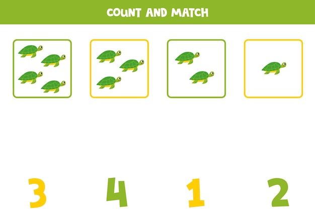 Gioco di conteggio per bambini Conta tutte le tartarughe marine e abbina i numeri Foglio di lavoro per bambini