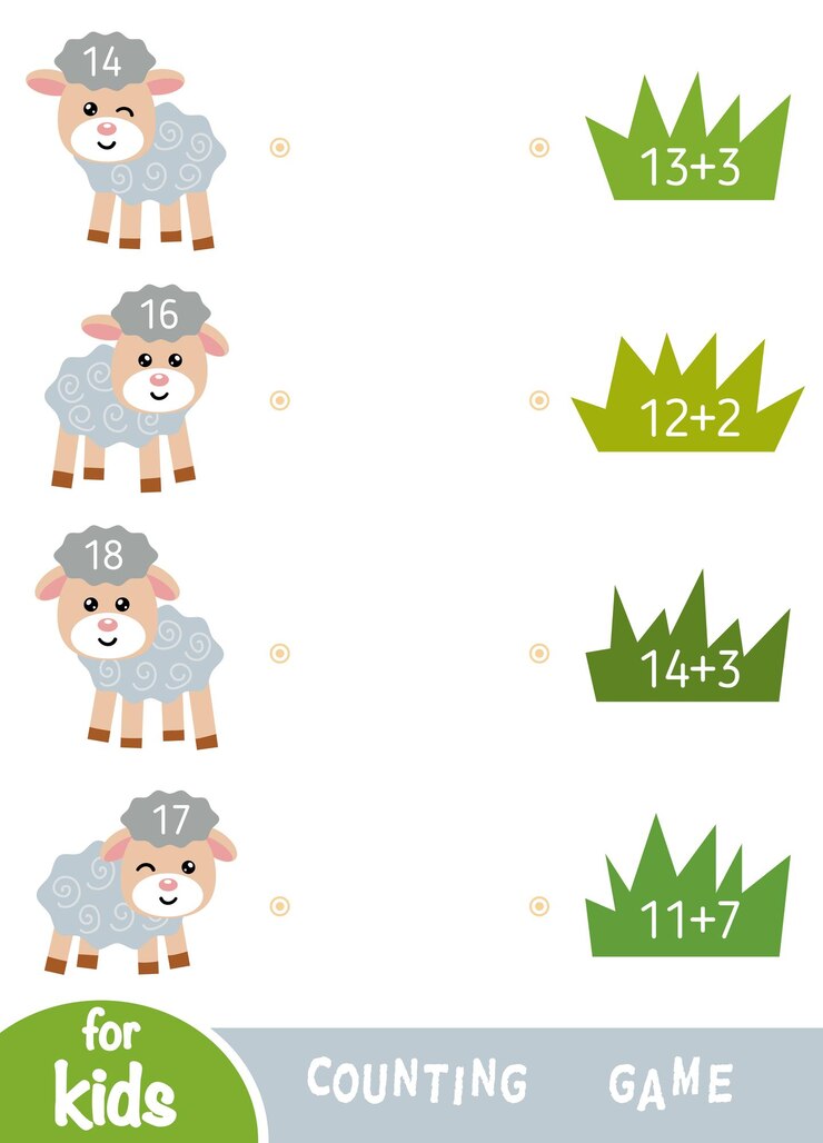 Vettore gioco di conteggio per bambini in età prescolare educativo un gioco matematico agnelli ed erba