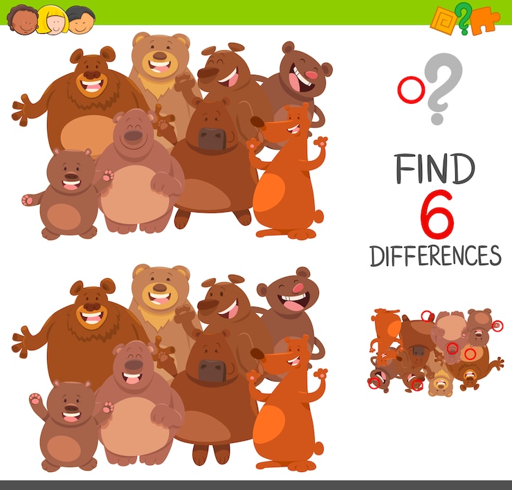 Vettore gioco di differenze a punti con orsi