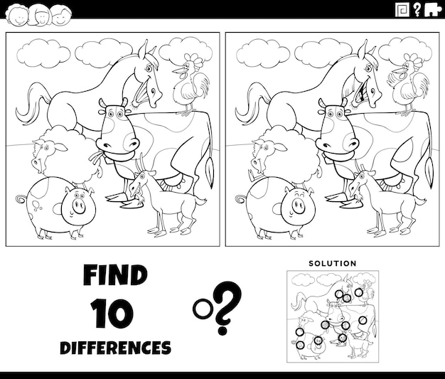 Gioco di differenze con animali da fattoria comici da colorare