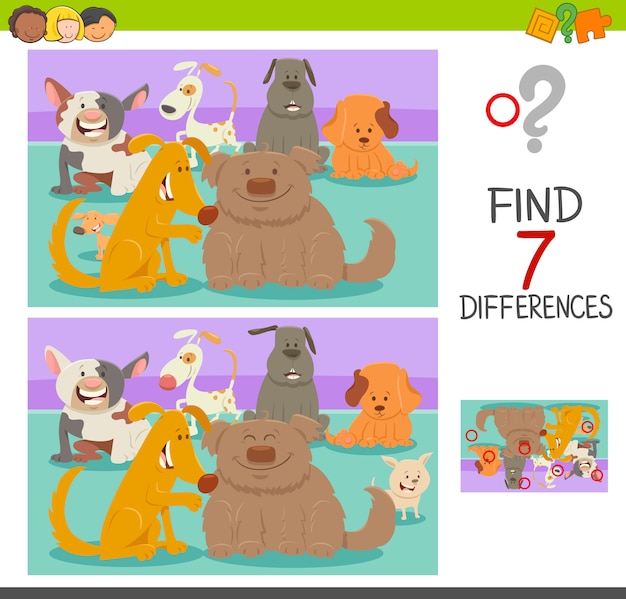 Gioco di differenze con personaggi di cani o cuccioli
