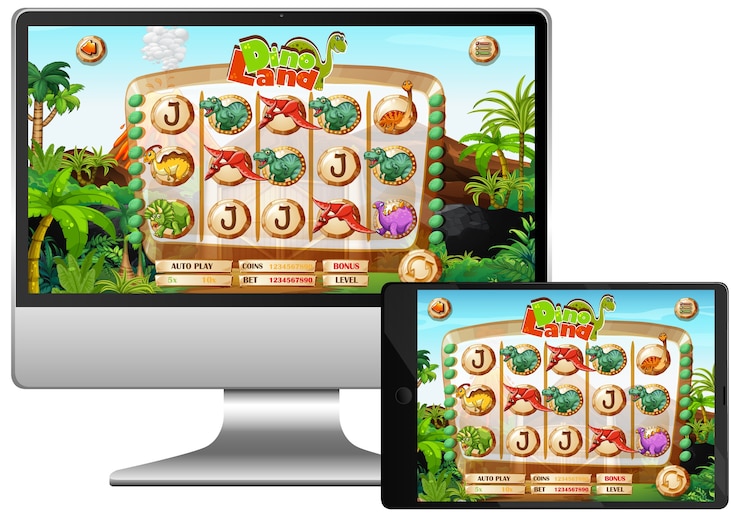 Vettore gioco di dinosauri sullo schermo del computer