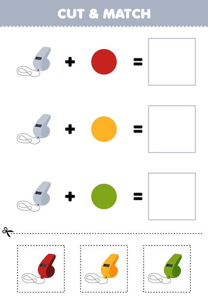 Gioco di educazione tagliare e abbinare la combinazione di colori di fischietto carino foglio di lavoro di strumento musicale stampabile