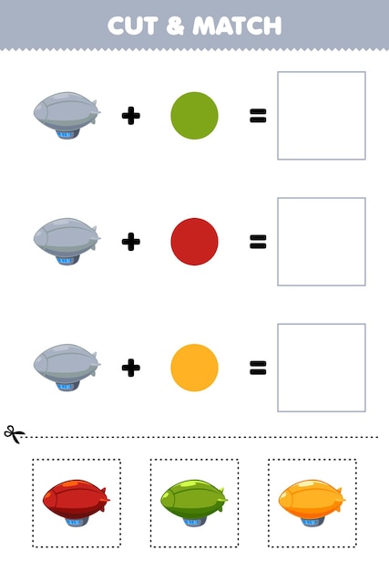 Gioco di educazione taglio e corrispondenza combinazione colore di carino zeppelin foglio di lavoro di trasporto stampabile