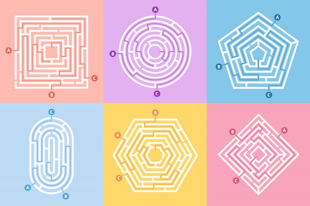 Gioco di labirinto, enigma del labirinto, rebus di modo del labirinto e molti set di concetti di enigma dell'entrata
