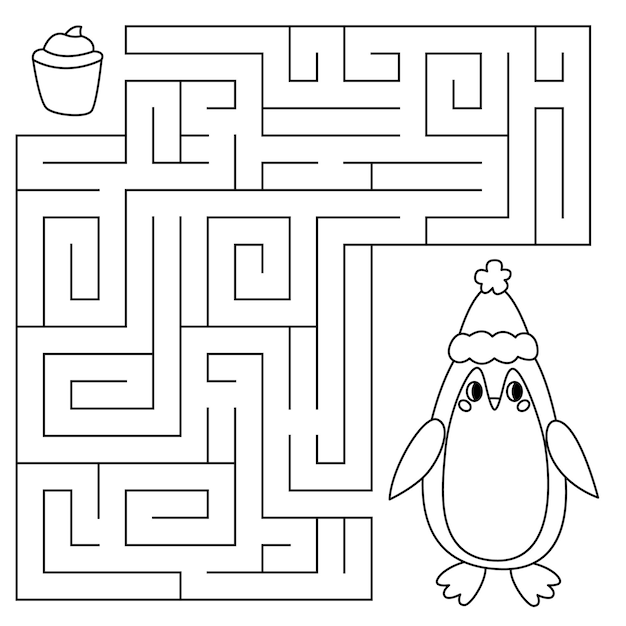 Gioco di labirinto in linea invernale per bambini Pinguino carino che cerca una strada per il cupcake