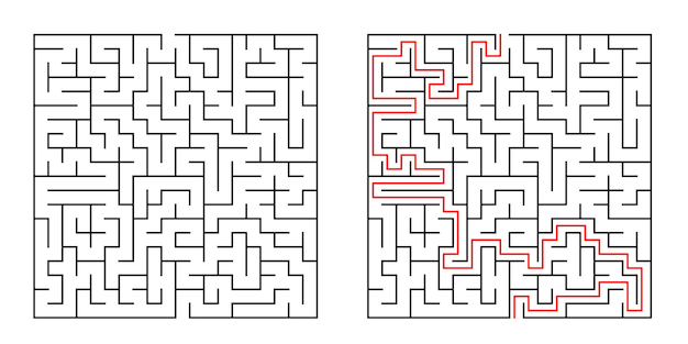 Gioco di logica educativa labirinto per bambini Trovare la strada giusta Isolato semplice labirinto quadrato linea nera su sfondo bianco Con la soluzione illustrazione vettoriale