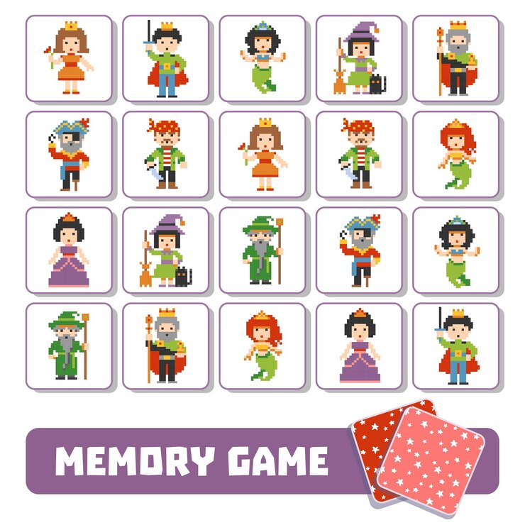 Vettore gioco di memoria vettoriale per bambini, carte con personaggi fiabeschi