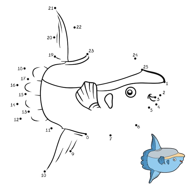 Gioco di numeri, gioco educativo punto per punto per bambini, pesce luna dell'oceano