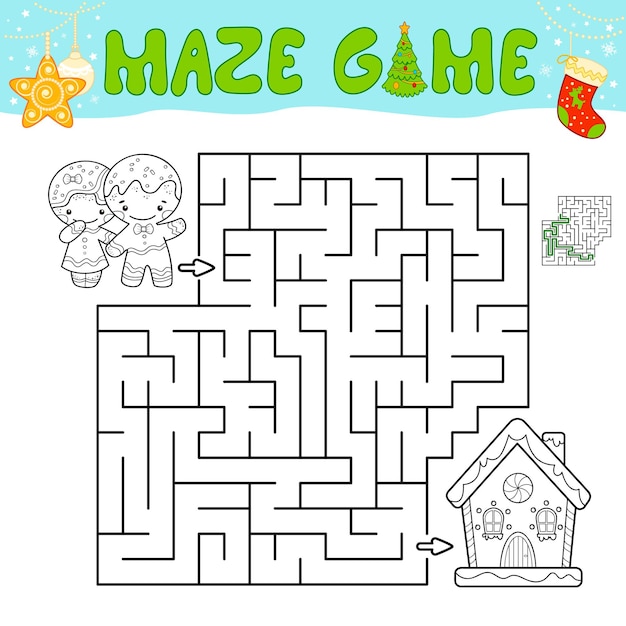 Gioco di puzzle del labirinto di Natale per i bambini. Delinea il labirinto o il gioco del labirinto con l'uomo di pan di zenzero di Natale e la casa di pan di zenzero.