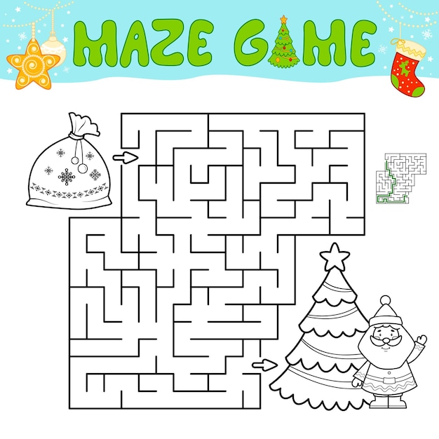Gioco di puzzle del labirinto di Natale per i bambini. Delinea il labirinto o il gioco del labirinto con la borsa di natale.