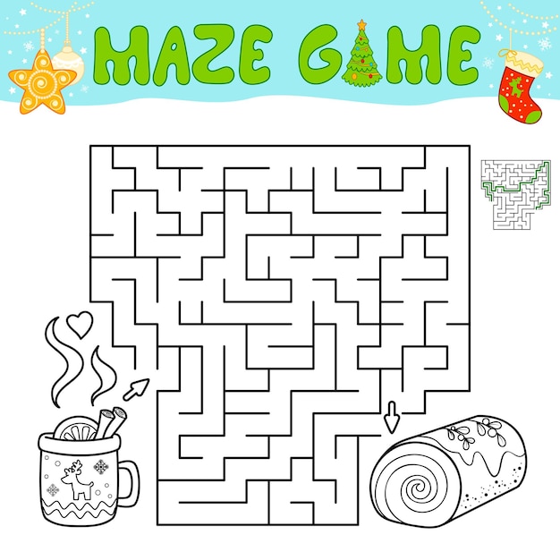 Gioco di puzzle del labirinto di Natale per i bambini. Delinea il labirinto o il gioco del labirinto con la torta di Natale.