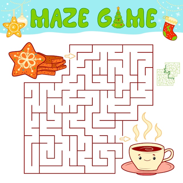Gioco di puzzle del labirinto di Natale per i bambini. Labirinto o gioco del labirinto con biscotto di Natale.