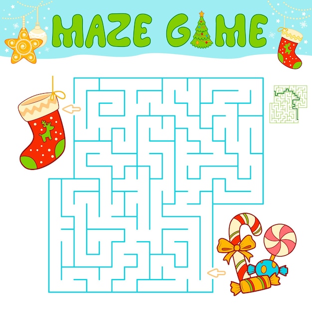 Gioco di puzzle del labirinto di Natale per i bambini. Labirinto o gioco del labirinto con Christmas Sock.