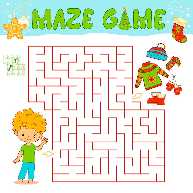 Gioco di puzzle del labirinto di Natale per i bambini. Labirinto o gioco del labirinto con il ragazzo di Natale.