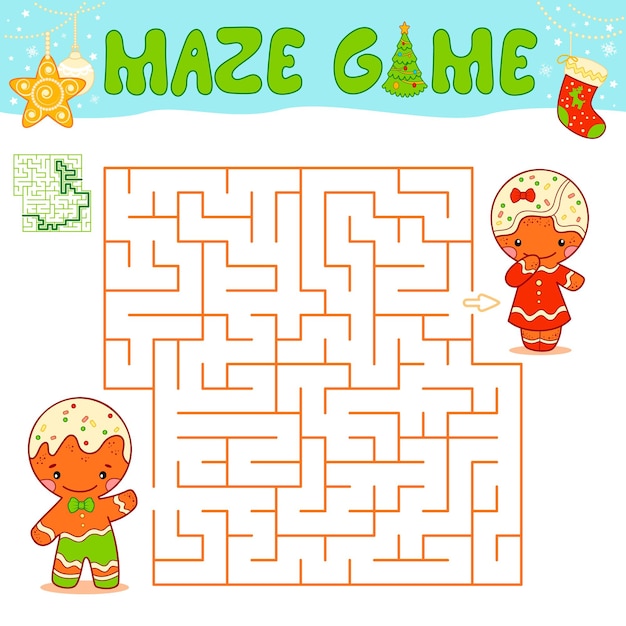 Gioco di puzzle del labirinto di Natale per i bambini. Labirinto o gioco del labirinto con l'uomo di pan di zenzero di Natale.