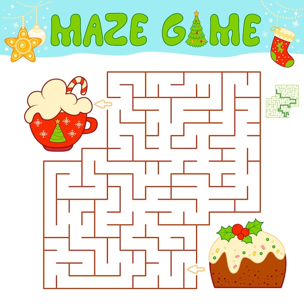 Gioco di puzzle del labirinto di Natale per i bambini. Labirinto o gioco del labirinto con torta di Natale.