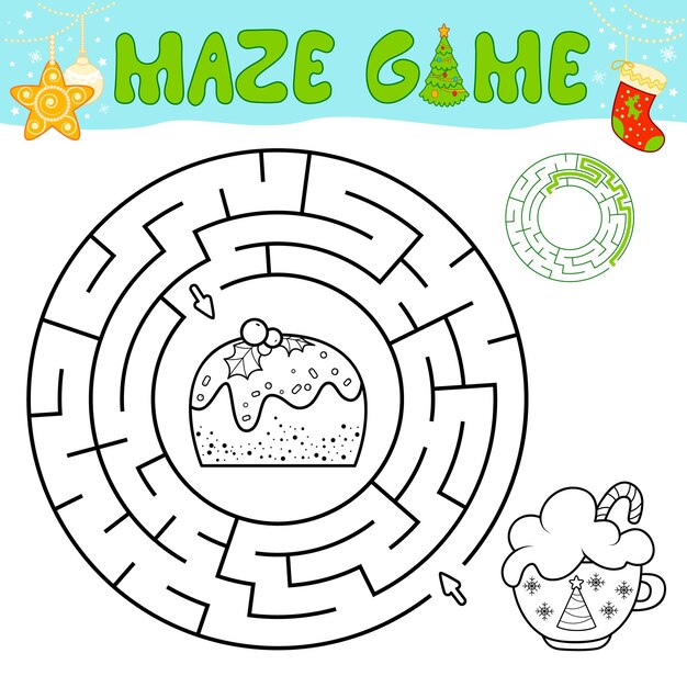 Gioco di puzzle del labirinto in bianco e nero di Natale per i bambini. Delineare il labirinto del cerchio o il gioco del labirinto con la torta di Natale.