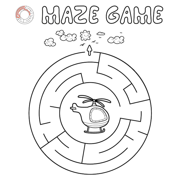 Gioco di puzzle del labirinto per i bambini. Delineare il labirinto del cerchio o il gioco del labirinto con l'elicottero.
