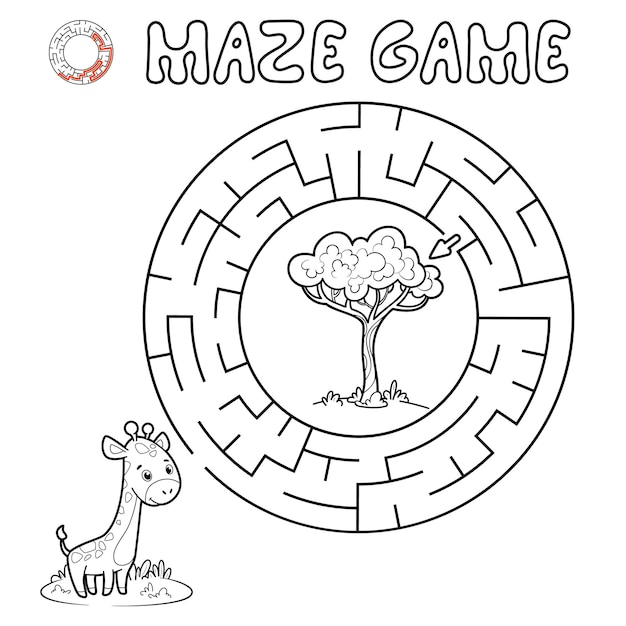 Gioco di puzzle del labirinto per i bambini. Delineare il labirinto del cerchio o il gioco del labirinto con la giraffa. Illustrazioni vettoriali
