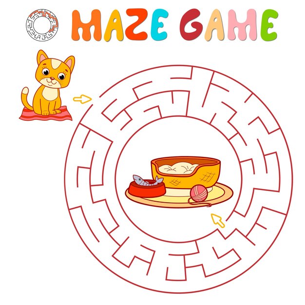 Gioco di puzzle del labirinto per i bambini. Labirinto del cerchio o gioco del labirinto con il gatto