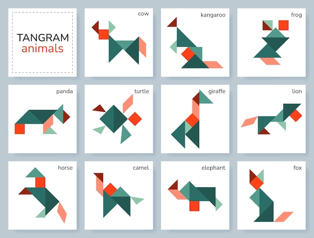 Gioco di puzzle Tangram per bambini Collezione geometrica colorata con animali isolati