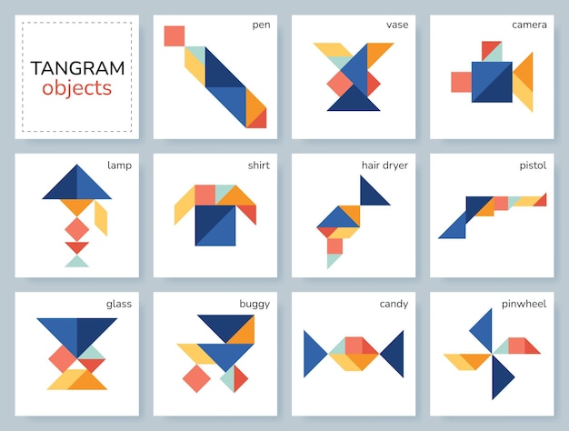 Gioco di puzzle Tangram per bambini Collezione geometrica colorata con oggetti isolati Icone Tangram