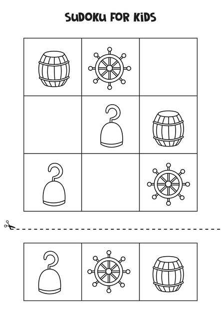 Gioco di sudoku per bambini con elementi pirata in bianco e nero