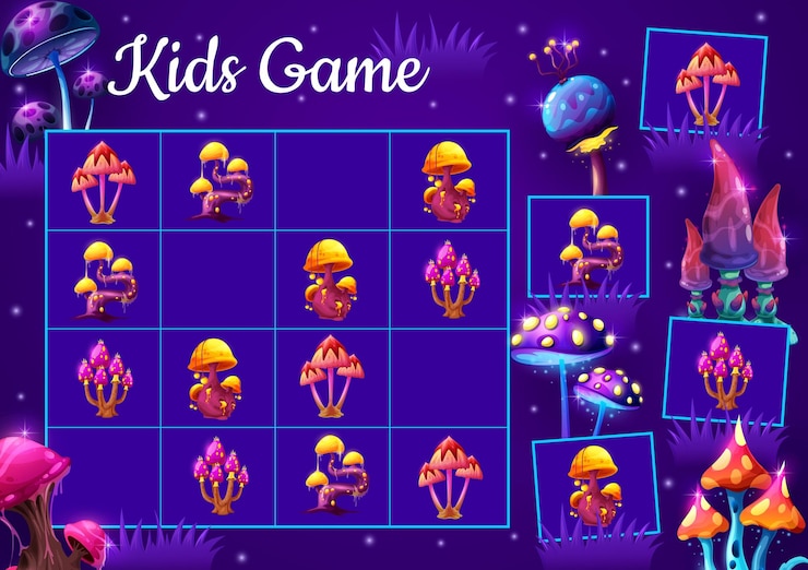 Vettore gioco di sudoku per bambini con funghi magici dei cartoni animati