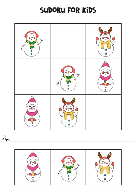 Gioco di sudoku per bambini con pupazzi di neve simpatici cartoni animati.