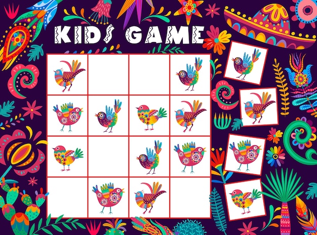 Gioco di sudoku per bambini con uccelli messicani alebrije fiori cactus e piume Foglio di lavoro di enigma o puzzle vettoriale con uccelli del fumetto su scacchiera Attività educativa test del gioco da tavolo teaser per bambini