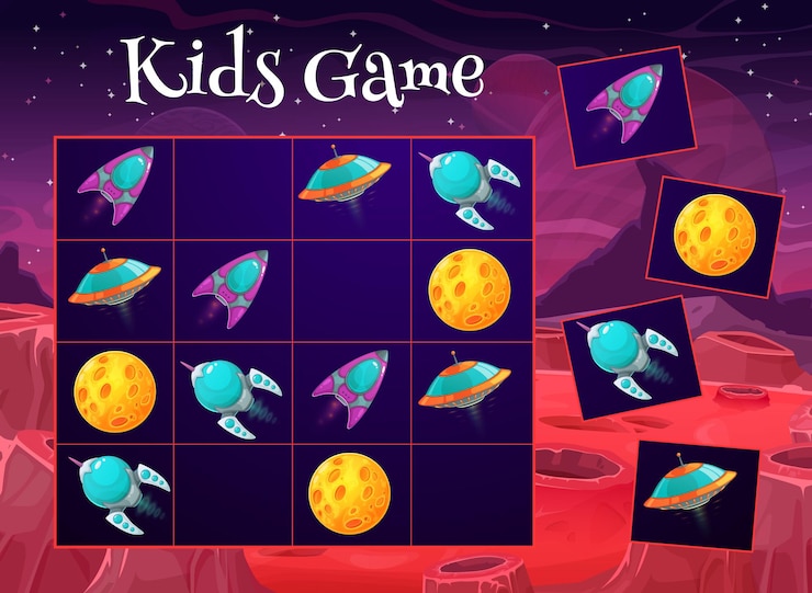 Vettore gioco di sudoku spaziale. labirinto per bambini, puzzle logico per bambini o rebus con cartone animato vettore ufo disco volante astronave, razzi alieni e pianeta o luna. foglio di lavoro per attività di gioco dei bambini, cruciverba o indovinello