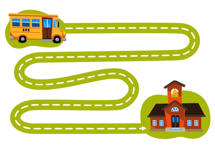 Vettore gioco educativo per bambini, pratica della scrittura a mano, traccia le linee, sposta la scuola di autobus dei cartoni animati per costruire un foglio di lavoro stampabile