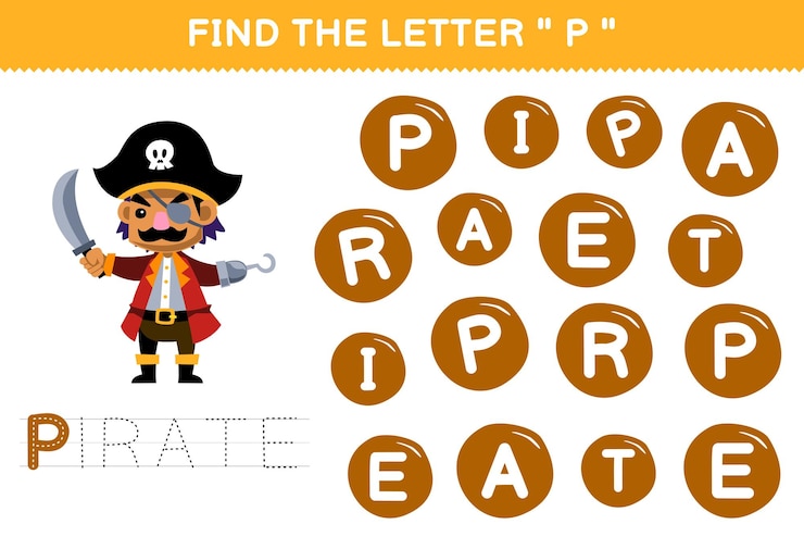 Vettore gioco educativo per bambini trova la lettera p con il foglio di lavoro pirata stampabile del personaggio dei pirati dei cartoni animati