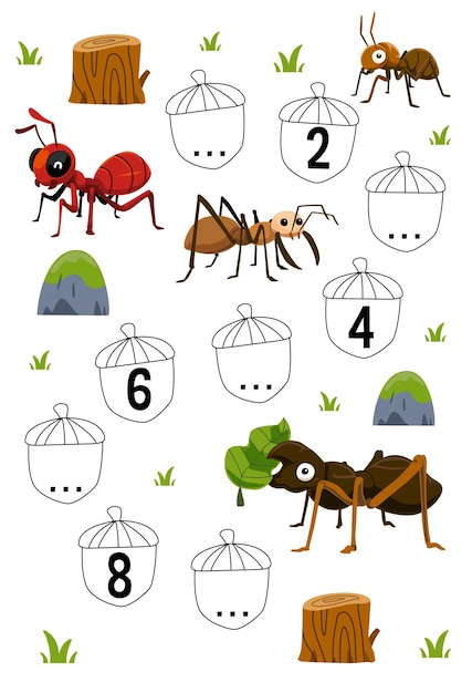 Gioco educativo per completare la sequenza di numeri con un foglio di lavoro stampabile con un'immagine di formica simpatico cartone animato